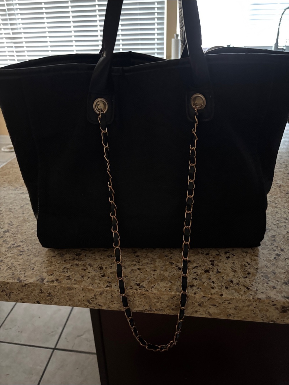 CHANEL Black Canvas Tote with Chain-Trim Shoulder Straps - Picture 2 of 2